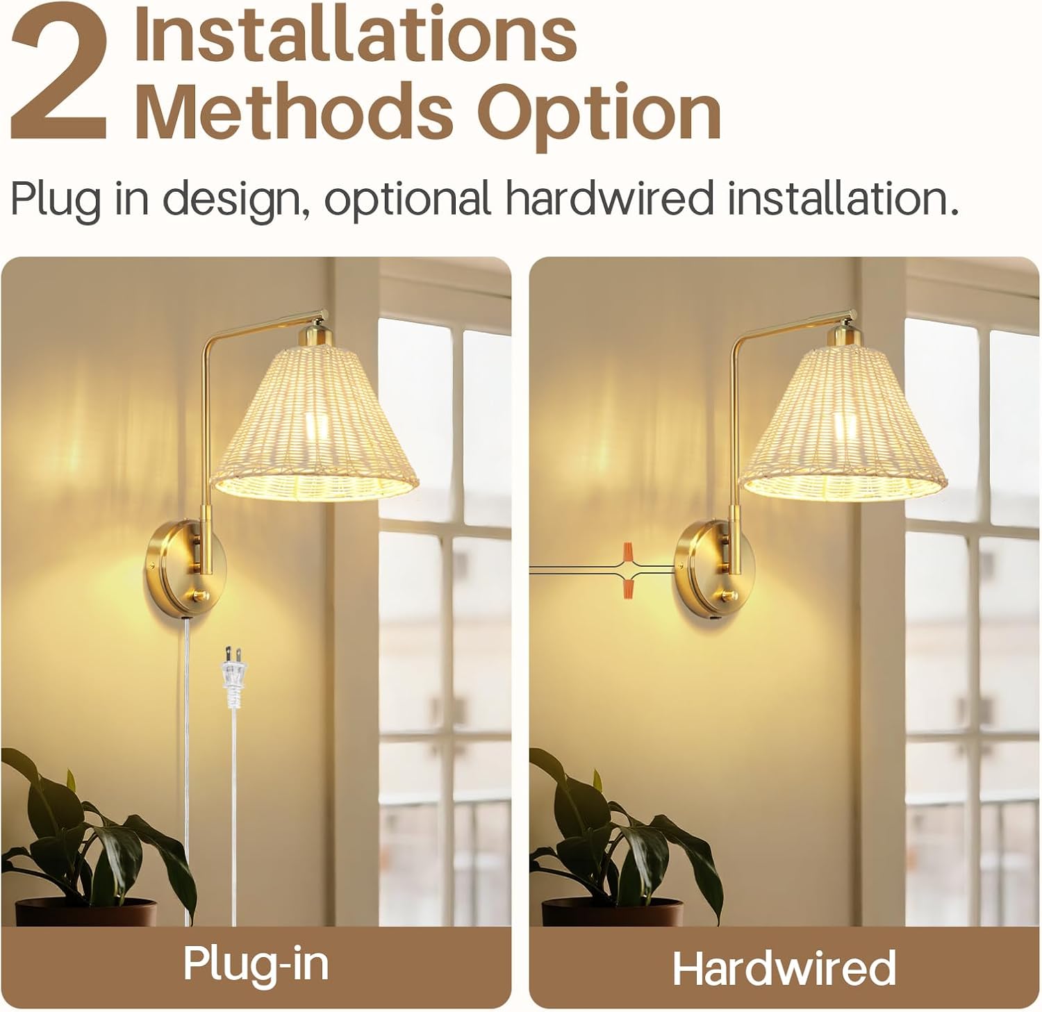 Plug in Rattan Wall Sconce Set of 2, Boho Woven Wall Lamps with Gold Arm, Dimmable Switch Light Fixture, Rustic Plug-in Wall Decor Lighting for Bedroom, Living Room, Hallway, Room Lights