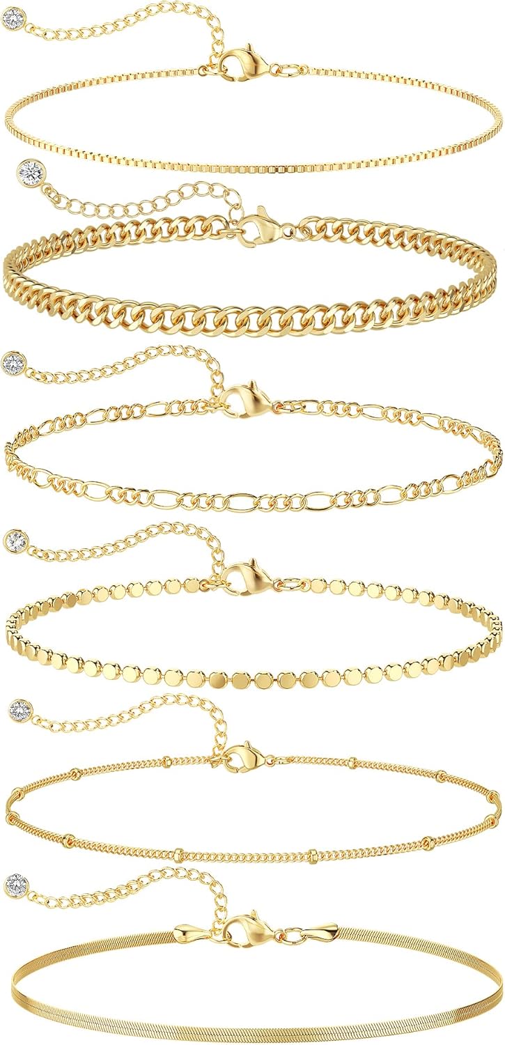 DEARMAY Waterproof Gold Plated Bracelets Set for Women Trendy, Dainty 14K Gold Jewelry Fashion Stackable Tennis Beaded Figaro Herringbone Paperclip Link Bracelet Pack Stack Gifts for Women