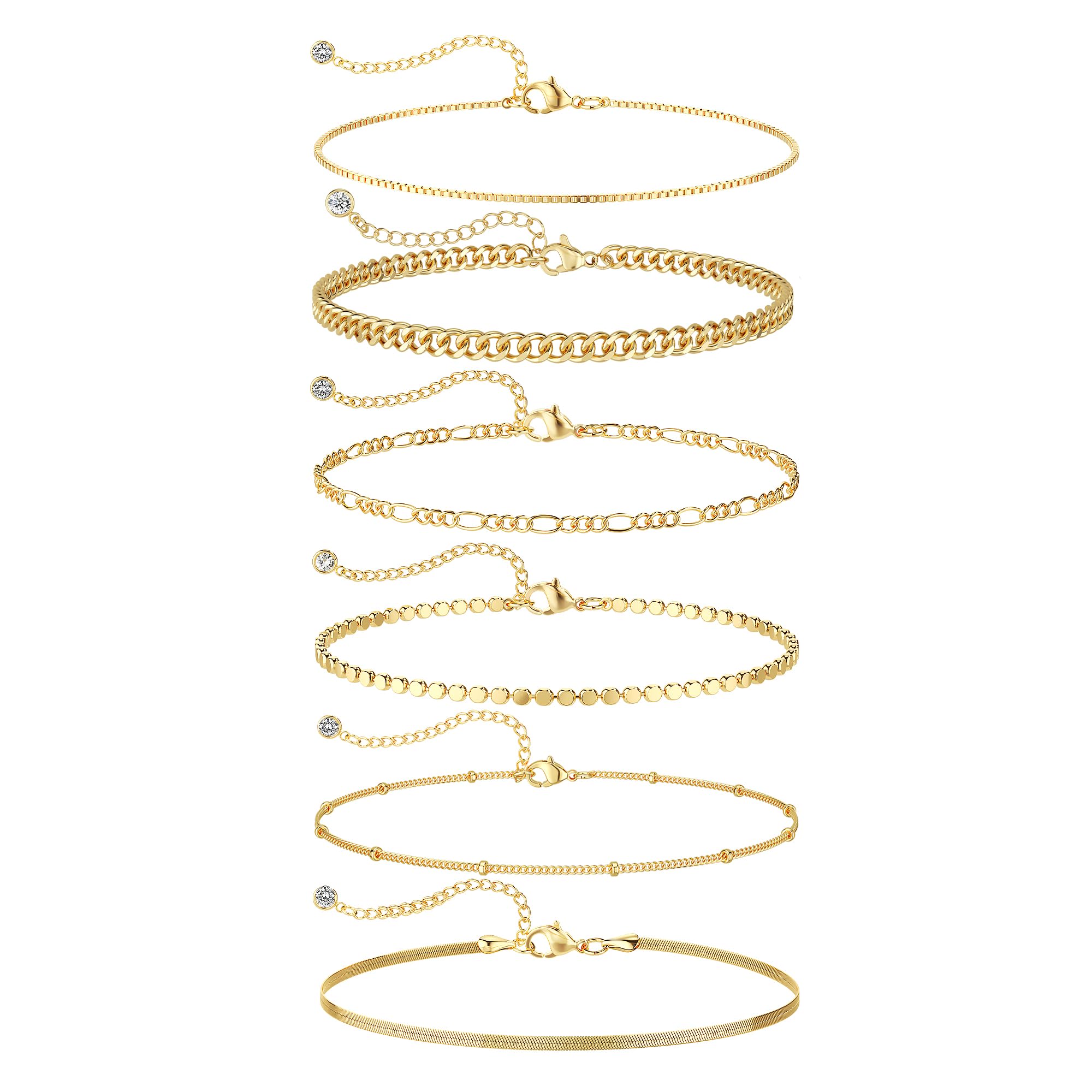 DEARMAY Waterproof Gold Plated Bracelets Set for Women Trendy, Dainty 14K Gold Jewelry Fashion Stackable Tennis Beaded Figaro Herringbone Paperclip