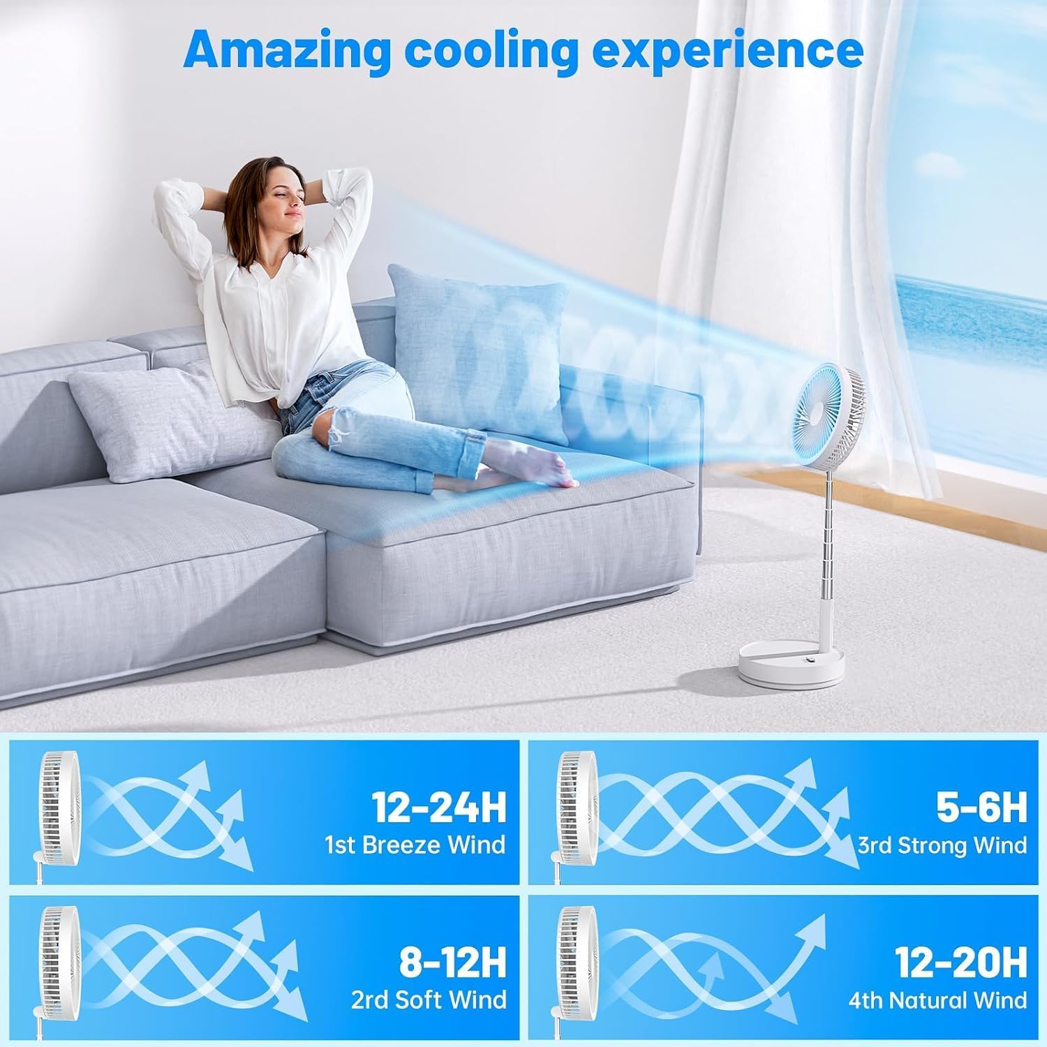Ventilateur Sur Pied Pliable Rechargeable 3600mAh - Ultra Silencieux Oscillant Télécommande, Inclinable Pour Chambre Bureau Camping