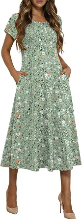 HOTOUCH Summer Dresses for Women 2026 Casual Midi Dress Petal Short Sleeve A-Line Dress Pleated Flare Sundress