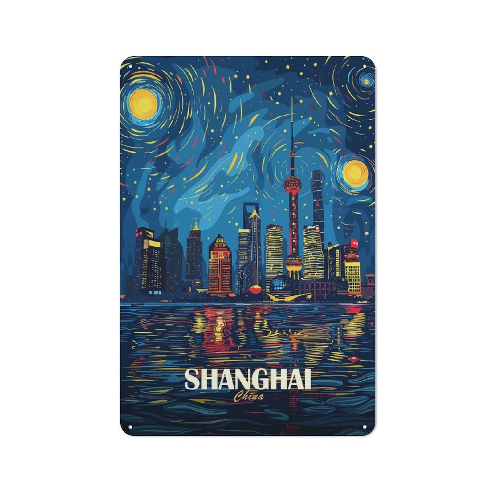 Junmoney Style-23 Shanghai China Skyline Night Art Printed Metal Sign 30X20cm For Lounge Or Reading Corner, A Winter Wall Decor Update For Reading Corner Decorators