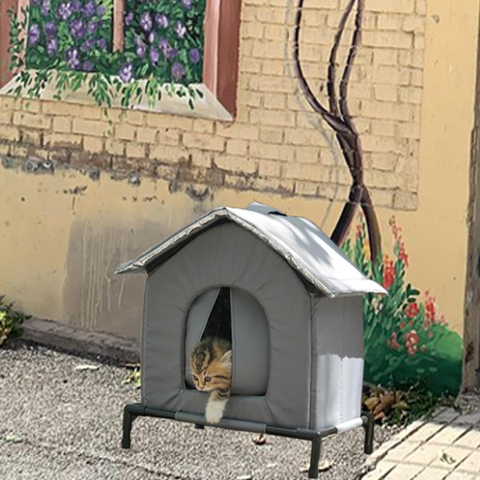 Gralara Niche pour Chat, Abri et Refuge Maisonnette d'Extérieur Chaude avec Coussin Doux et Support Surélevé, Niche pour Petits Animaux Extérieur Hiver, Adapté pour Chats, S