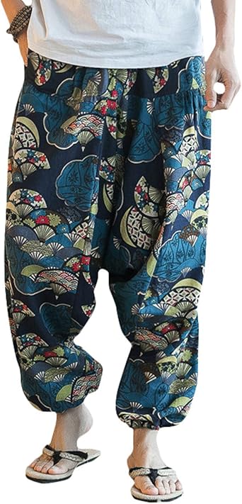 Cicilin Mens Loose Harem Pants Printed Elastic Waist Wide Leg Flowy Bloom Pants