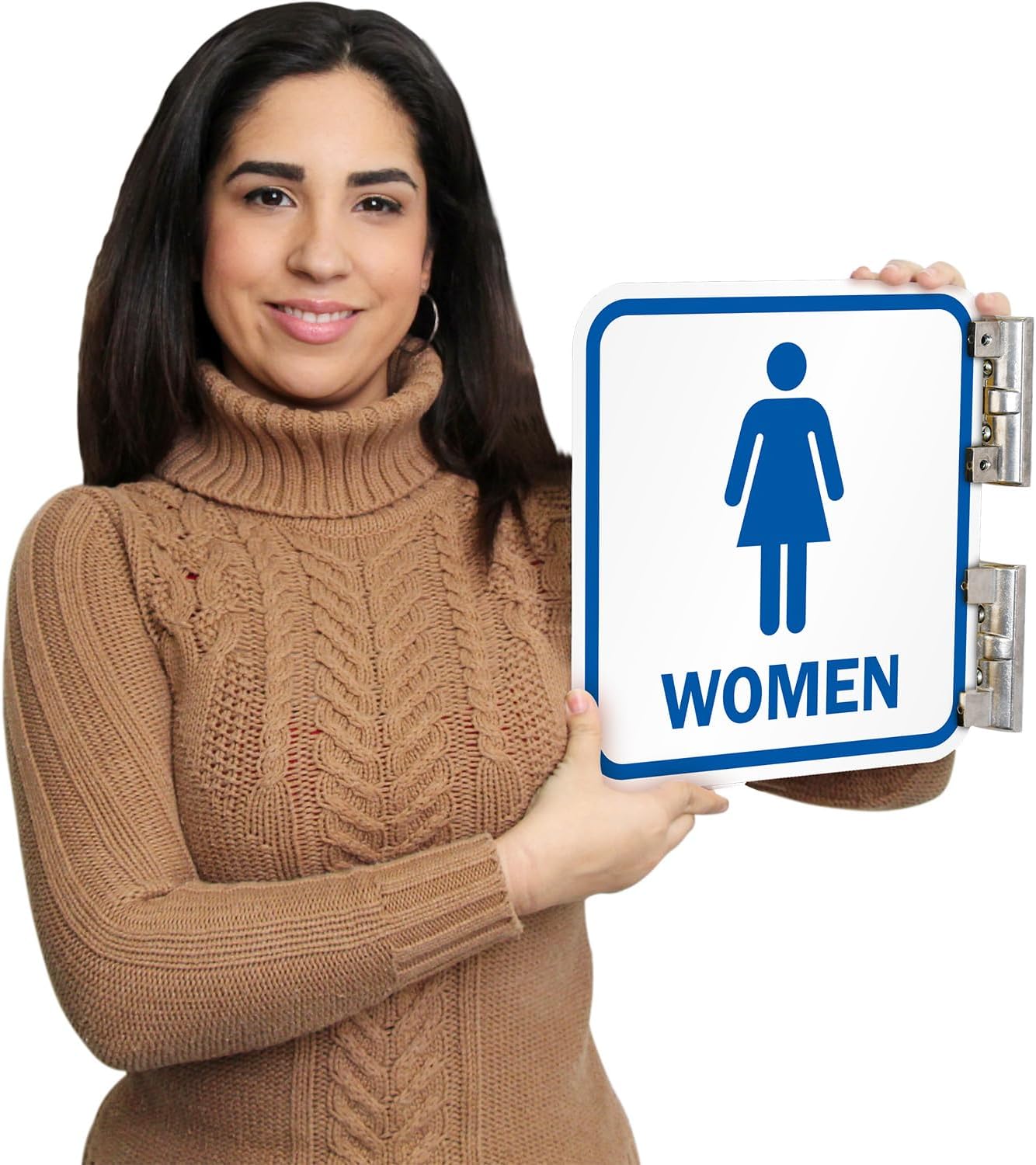 SmartSign Double-Sided Women Restroom Sign with Brackets, 12" x 12" Metal Sign, 63 mil Laminated Aluminum, Fade-Resistant, Bathroom Sign for Hallways, USA-Made, Blue/White