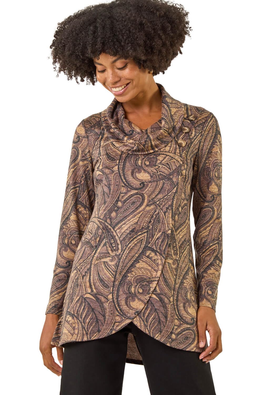 Roman Women's Taupe Paisley Print Cowl Neck Stretch Top In | : Size 20