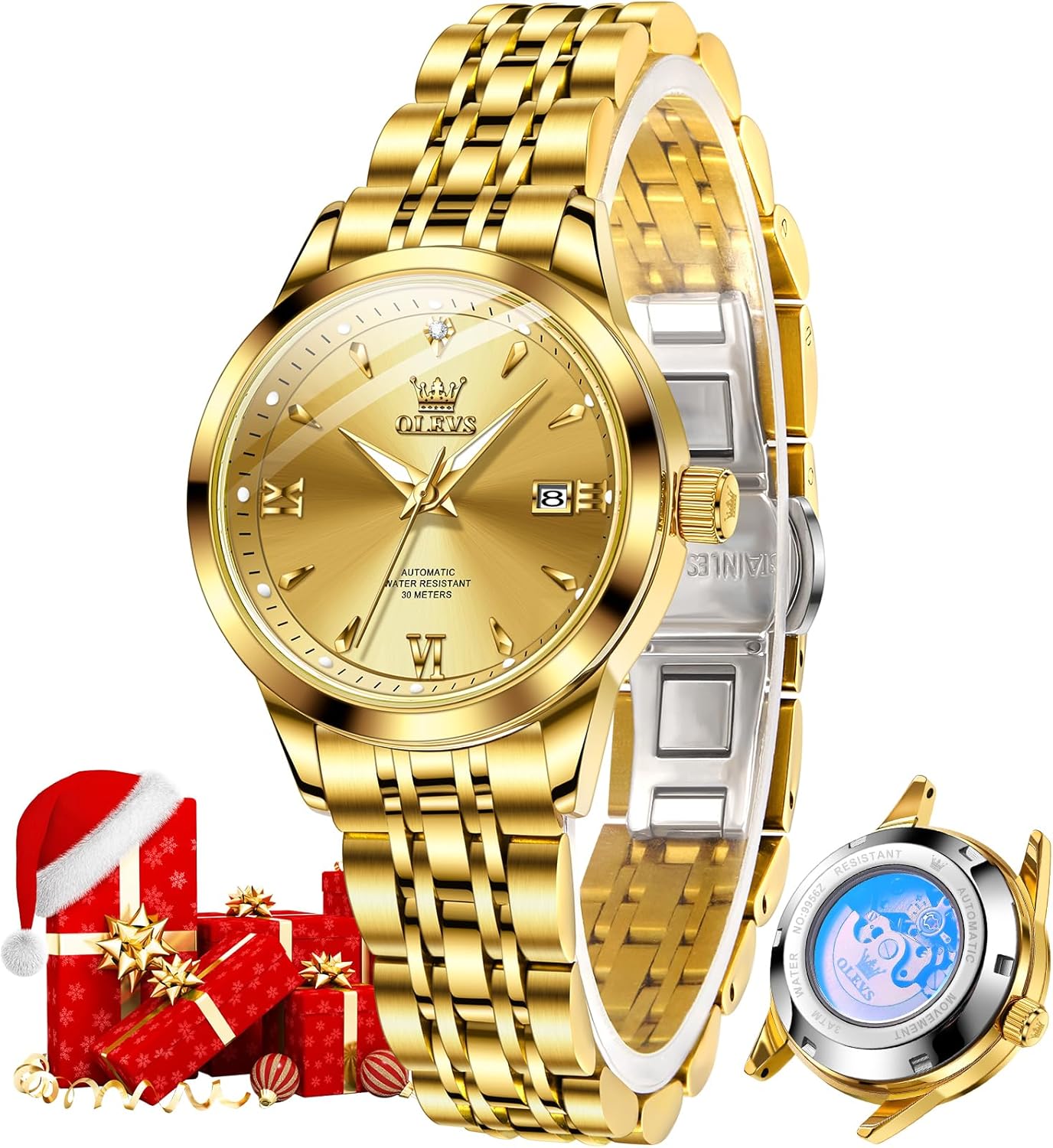 OLEVS Womens Automatic Watch Gold Luxury Diamond Self Winding Ladies Wrist Watches Waterproof Luminous Date