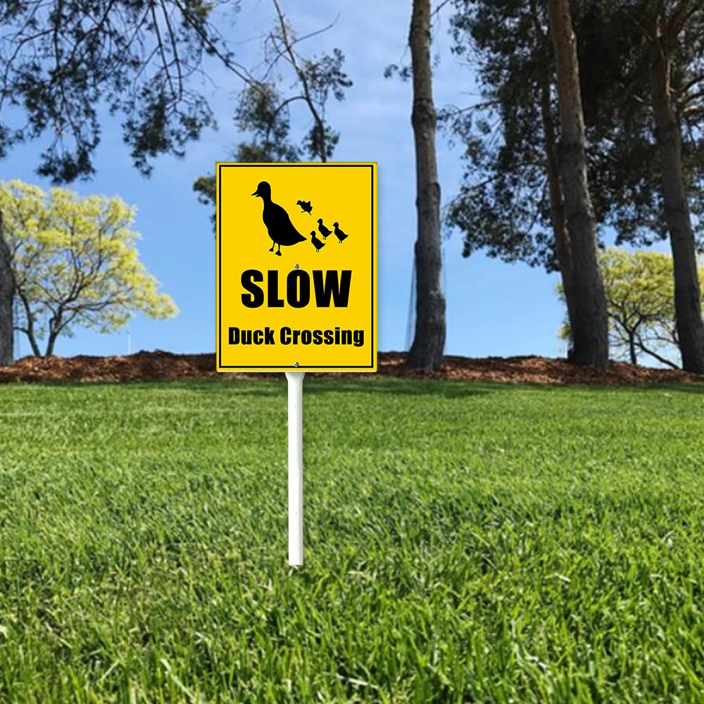 Houseuse スローダッククロッシングサイン 杭付き スローダウンサイン 近所用 庭 農場 アルミニウム 注意 7x8.8インチ