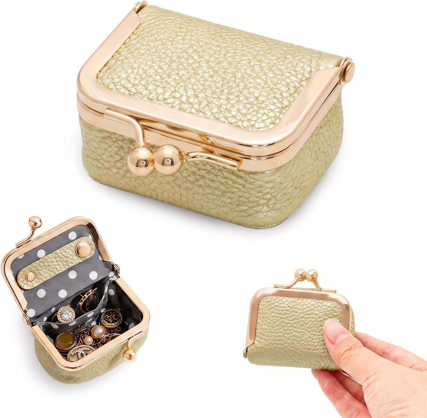 Genuine Leather Mini Jewelry Box Portable Vintage-Inspired Leather Small Coin Purse Jewelry Organizer Case Mini Travel Ring Box with Kiss Lock for Women Earring Ring Necklace