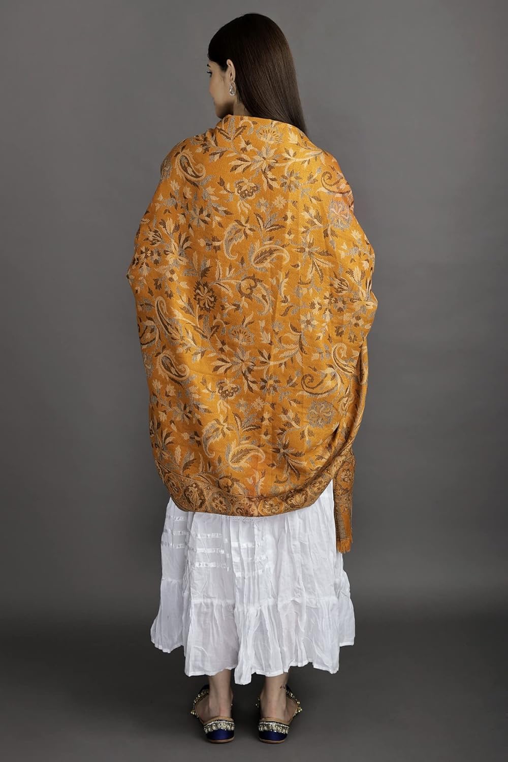 Exotic India Women Reversible Jamawar Wool Shawl with Woven Flowers | Ethnic Beautiful Floral Weave Stole, Dupatta
