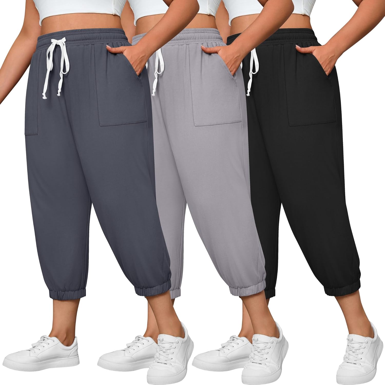 Neer 3 Pack Women's Plus Size Capri Joggers Sweatpant Cropped Yoga Legging Drawstring Pocket Casual Workout Baggy Pant