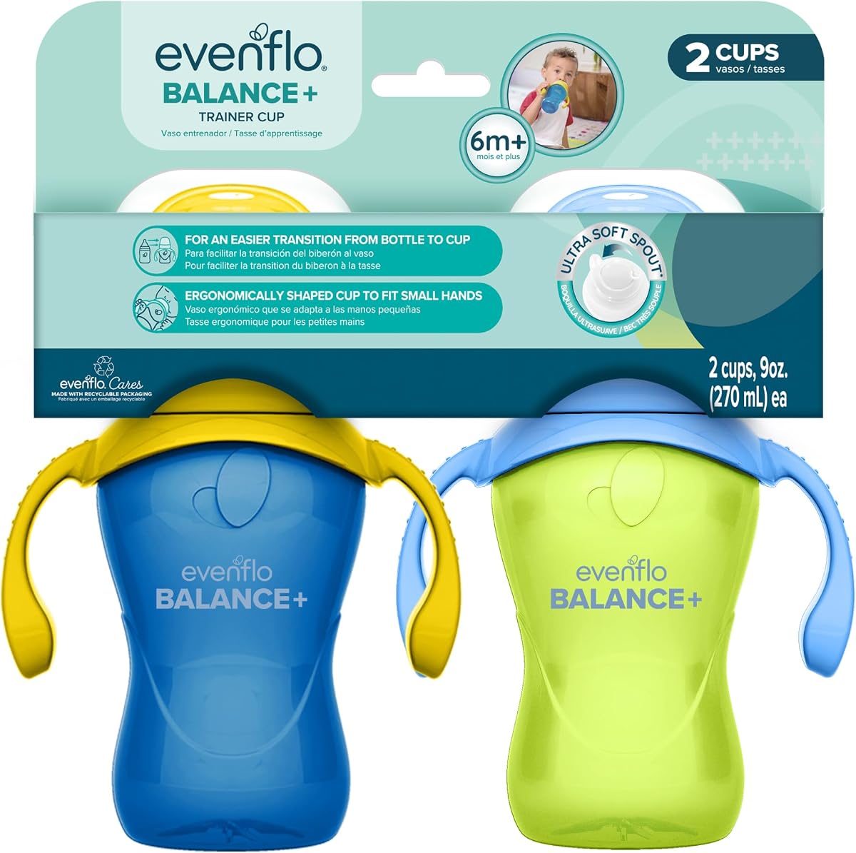 Vasos entrenadores Evenflo Balance+ para bebés de 6 meses o más, azul y verde, 9 oz, paquete de 2, diseño ergonómico con boquilla ultra suave