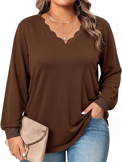 HDLTE HDLTE Plus Size Long Sleeve Shirts for Women Casual V Neck Tops Coffee