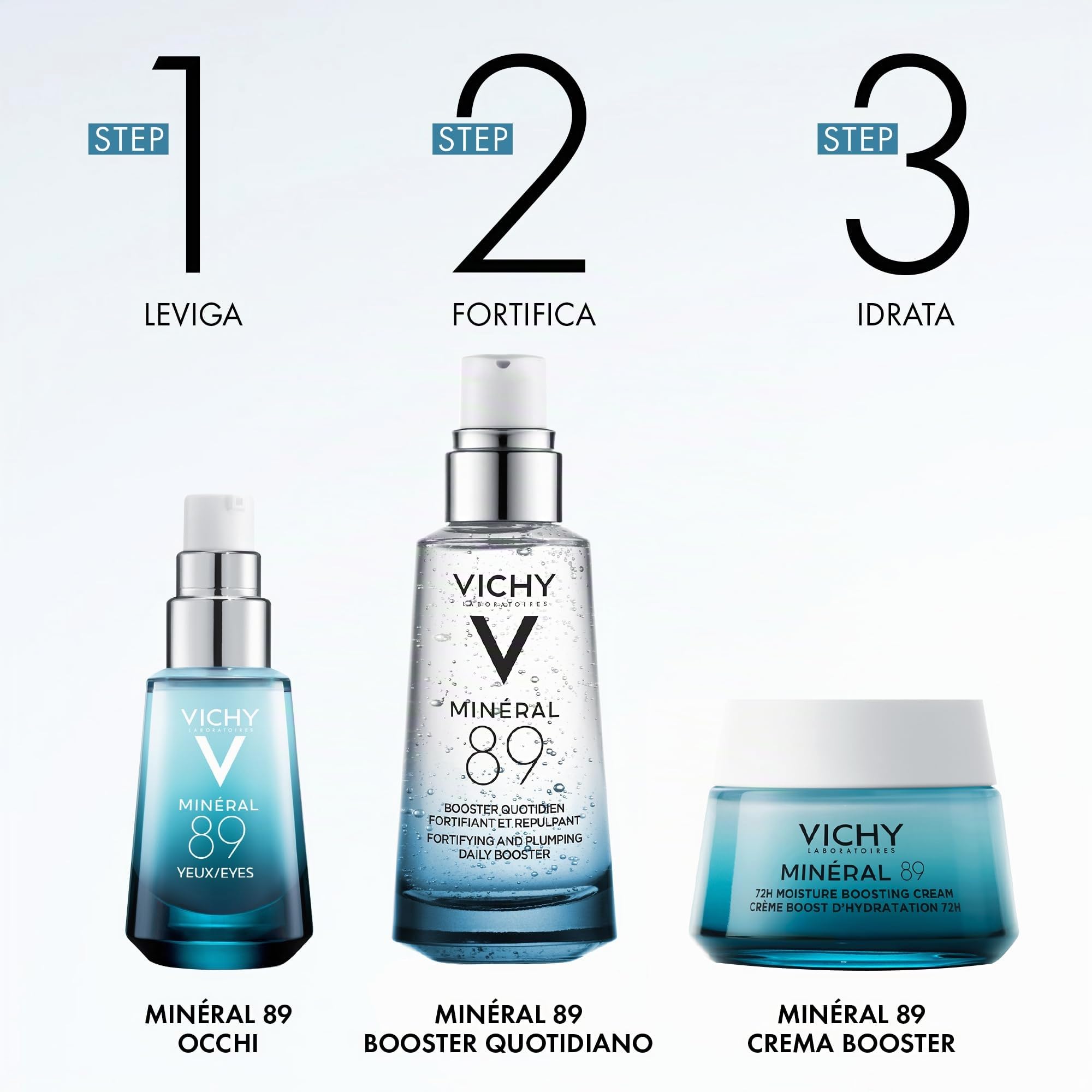 Vichy Minéral 89, Booster Quotidiano Fortificante e Rimpolpante, Per Tutti i Tipi di Pelle, Pelle Tonica e Idratata, Arricchito con Acido Ialuronico e Acqua Vulcanica, 75 ml