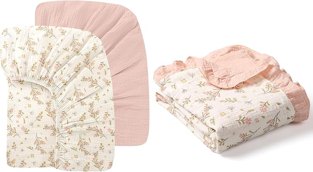 100% Organic Cotton Baby Crib Sheets Muslin 52x28 Inches 2 Pack Soft Fitted Crib Mattress Sheet for Baby Girls, 100% Organic Cotton Muslin Baby Blanket Flounce Edge Large 50"x43" Floral Super Soft