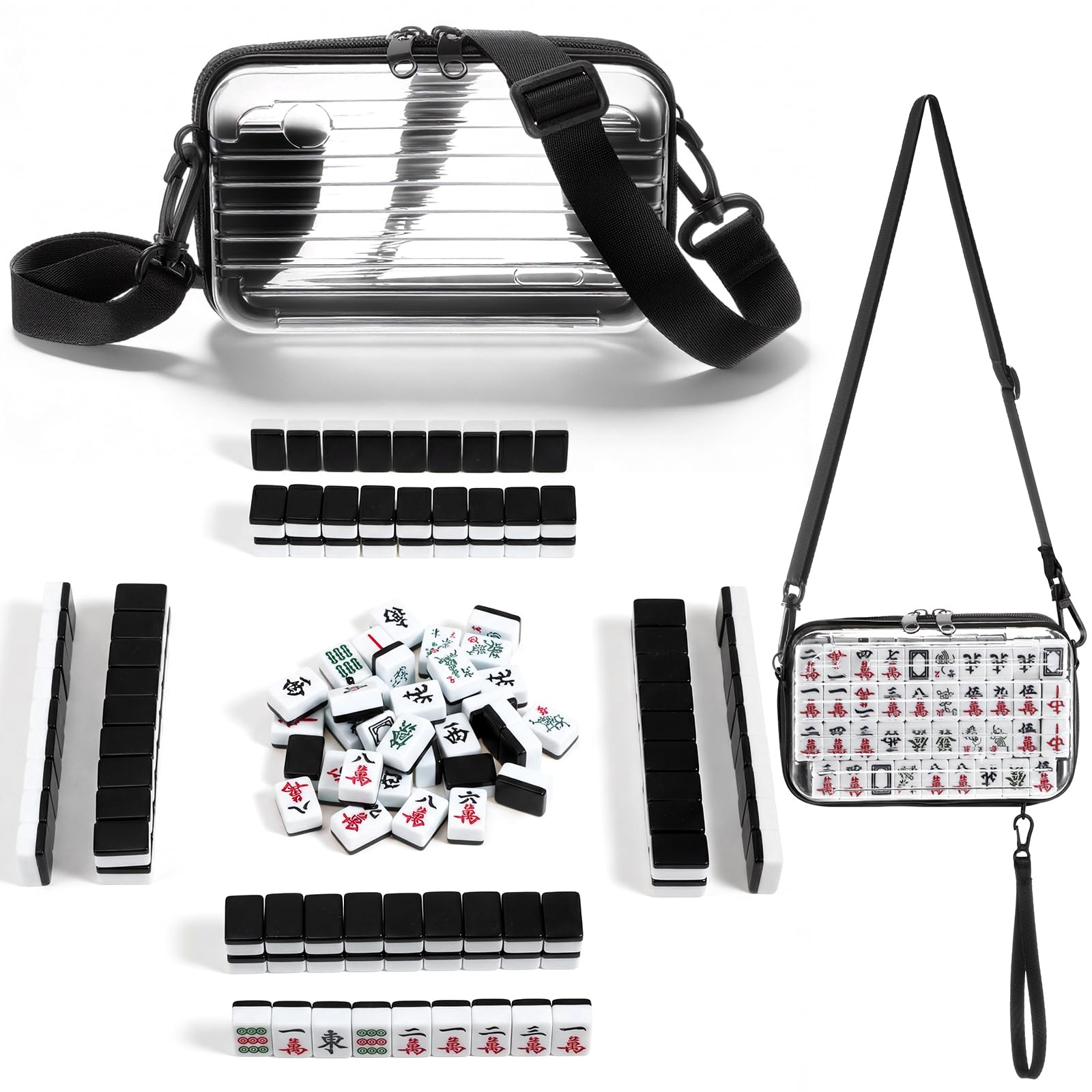 Abbylike Mini Chinesisches Mahjong Set, 144 Fliesen Tragbares Mahjong Komplettset mit Crossbody-Tasche & 2 Würfeln, authentisches Reisespiel für Erwachsene & Familie für Outdoor-Spaß, Reisen