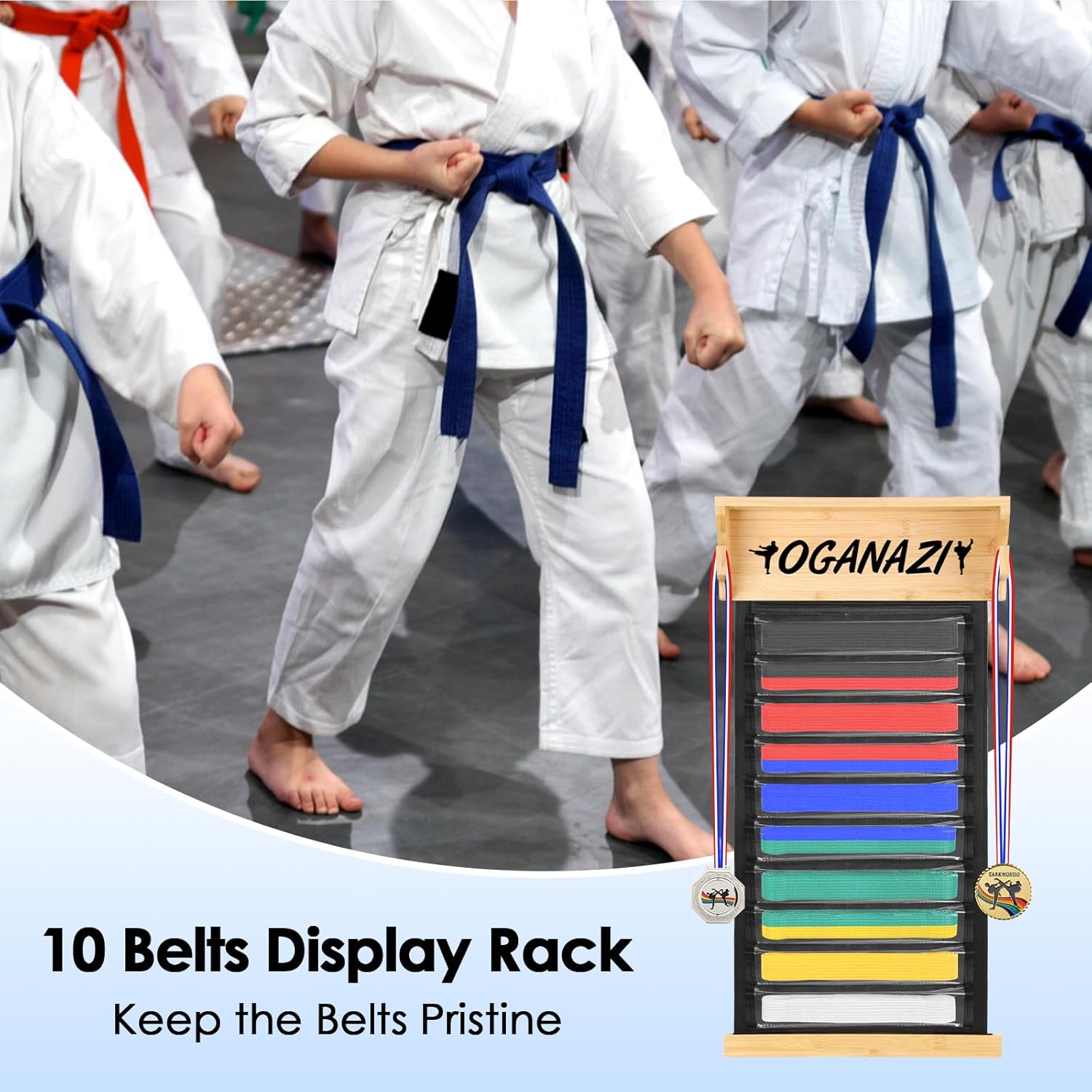 10 Belts Karate Belt Display Rack, Medal Display Case for BJJ, Jiu Jitsu, TKD,Martial Arts Belt Display Holder with Medals Hanger, Taekwondo Belt Display Holder with Trophy/Photo Rack,