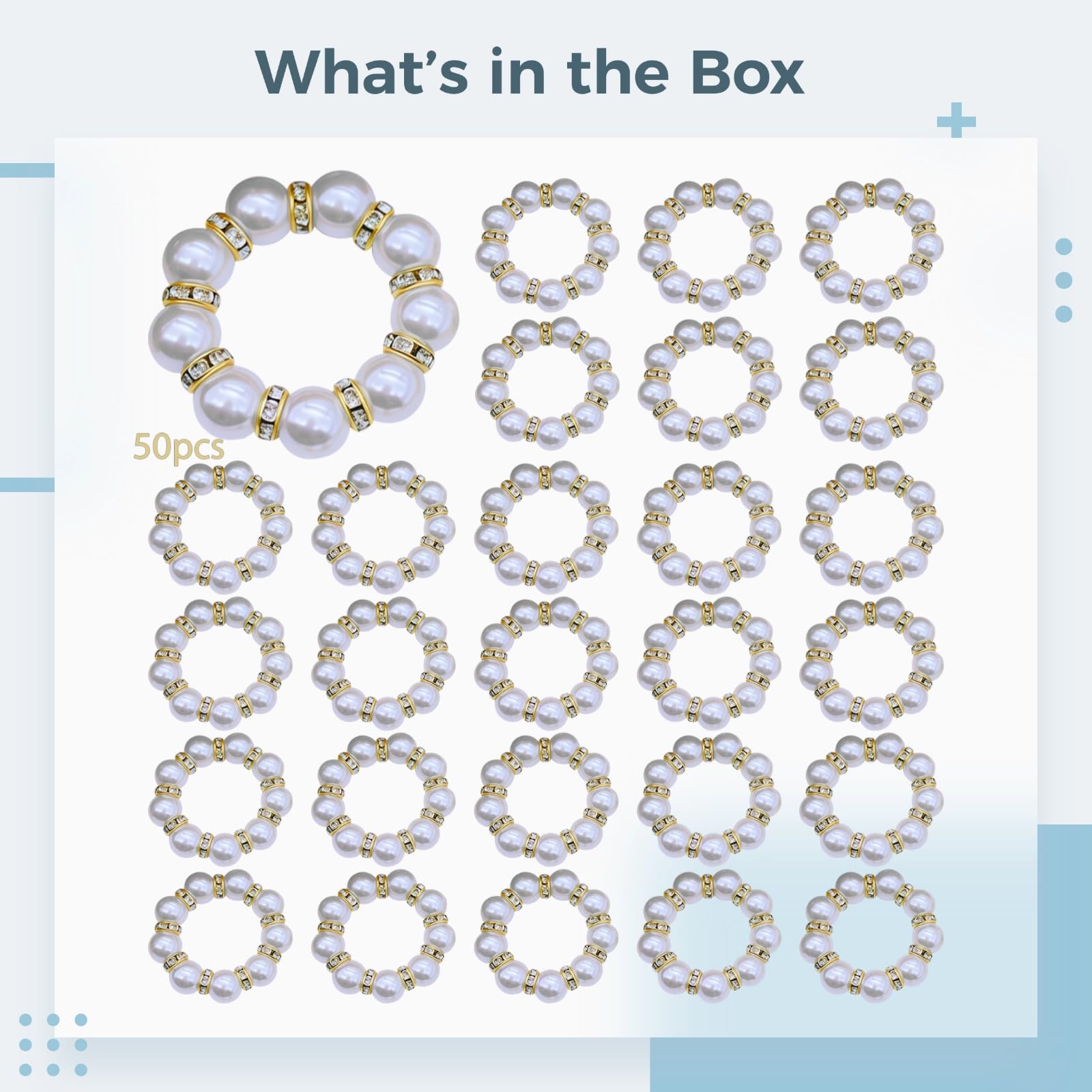 Lot de 50 ronds de serviette dorés avec perles et strass pour mariages, fêtes et occasions spéciales, accents de table décoratifs pour salle à manger