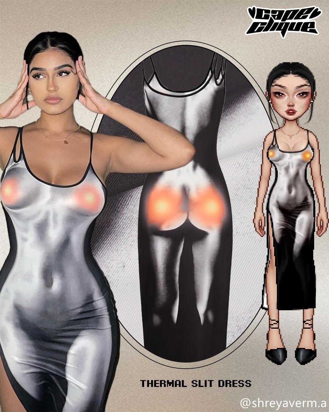 CAPE CLIQUE Sexy 3D Body Print Dress Party Club Dresses for Women Midi Y2K Bodycon Spaghetti Strap Sleeveless High Slit Thermal Heat Grey Large - Image 5