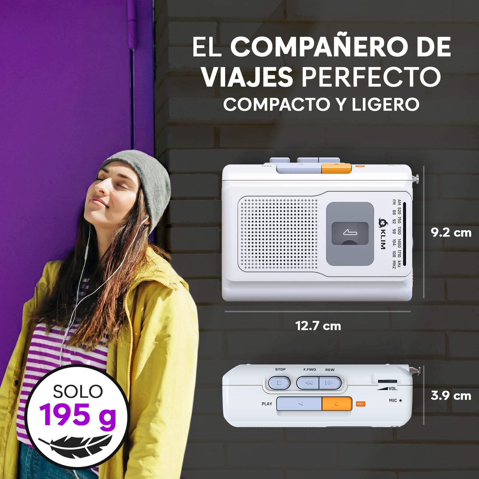 KLIM K8 Reproductor Cassette - Nueva versión - Cassette Player - Am/FM Radio - Micrófono y Altavoz Integrados - Conector para Auriculares y Auriculares - Blanco