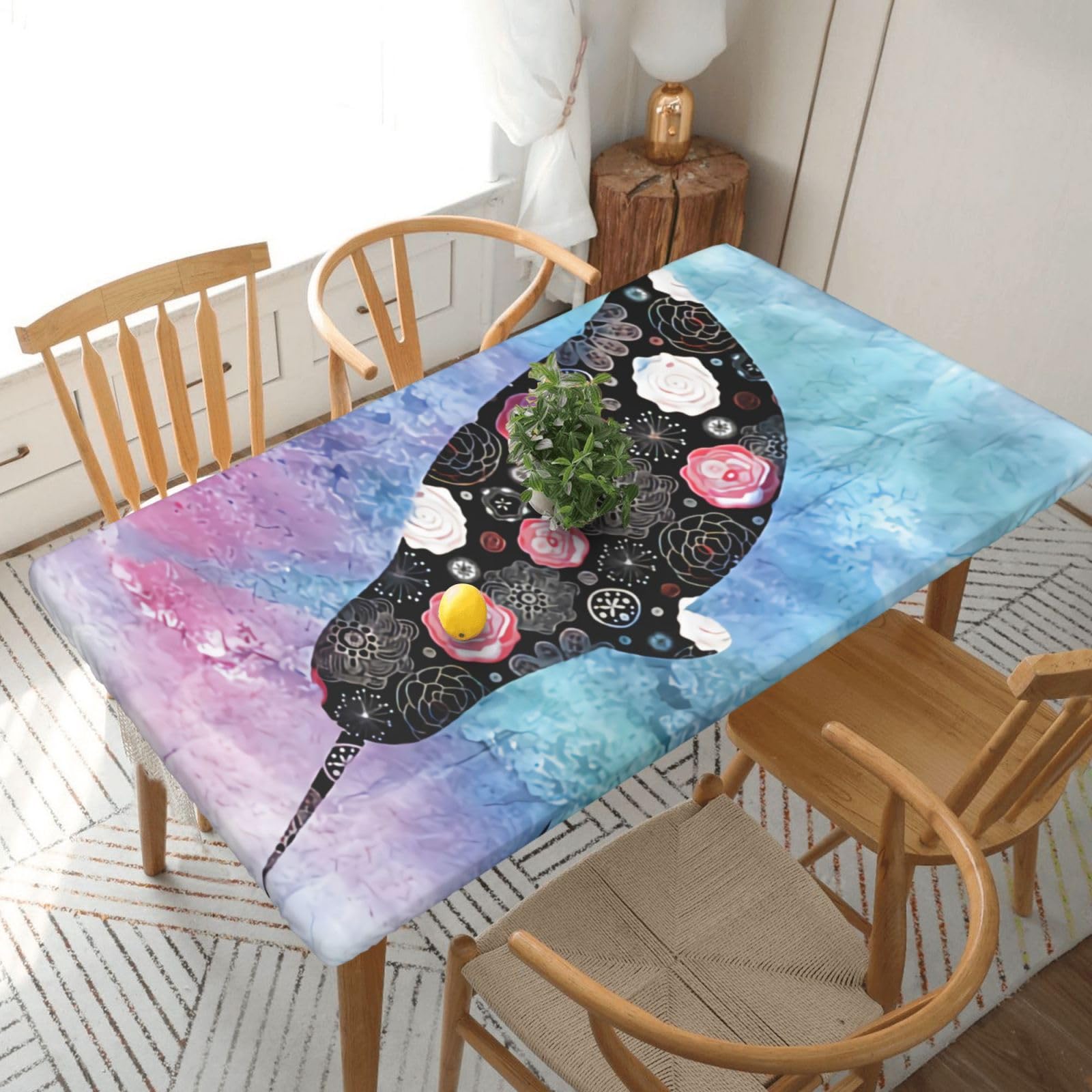 DCEHGEW Elastic Fitted Rectangle Tablecloth for 5ft Tables, Whale Printed Oilproof & Washable Fabric Picnic Table Cloth Table Covers