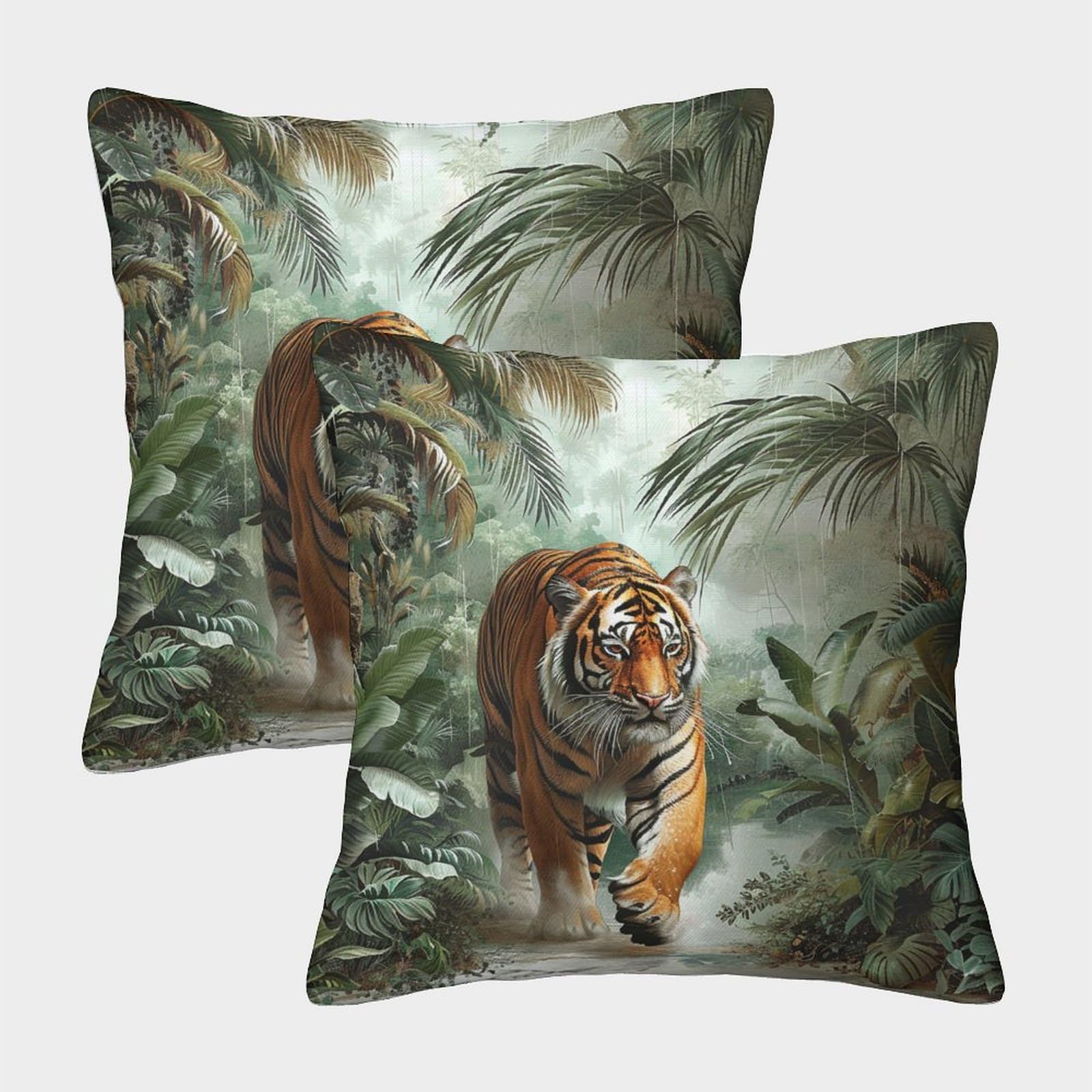 kaiyun 2 Pack Big Tiger Pillow Case 45x45cm Throw Pillow Case,Modern Decoration Green Jungle Pattern for Terrace Sofa Bedroom Indoor Outdoor Party