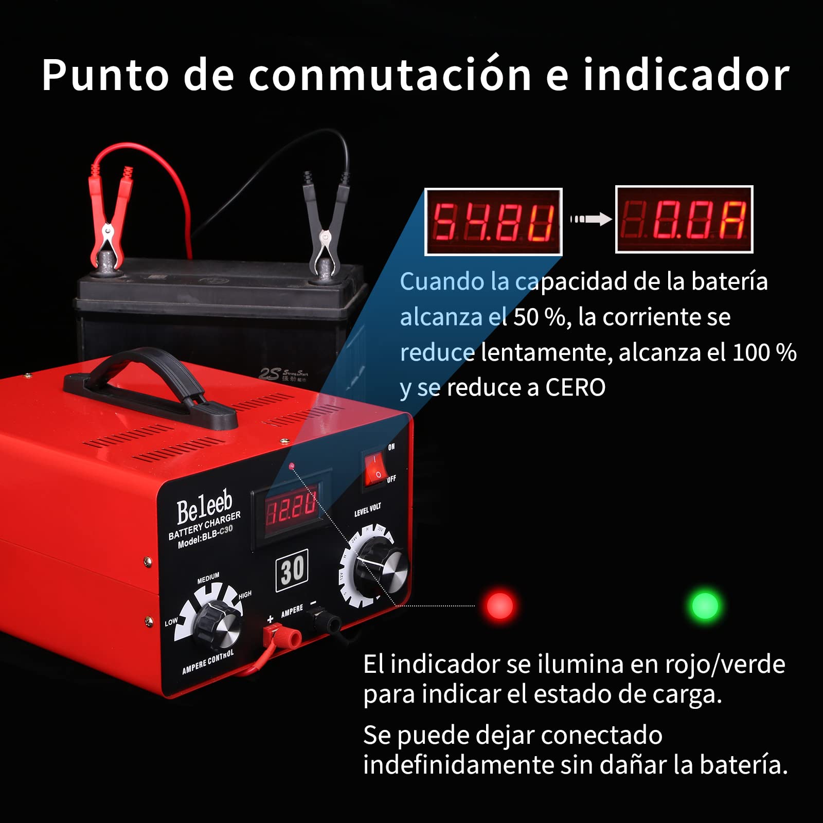 Beleeb Series C30 Cargador de batería 12V 24V 36V 48V 60V 72V, Pulsos de Alto Voltaje Mantenedor de desulfatador de batería para baterías de Iones de Litio de Plomo-ácido