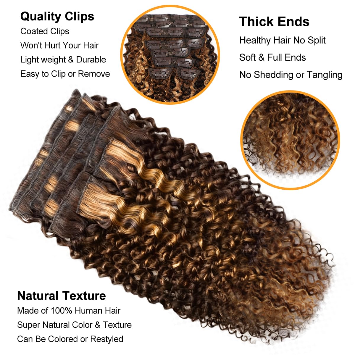 Highlight Ombre Honey Blonde 4/27 Kinky Curly Clip Ins 18 Inch 110g 8pcs 3C 4A Curly Clip In Hair Extensions Real Human Hair Full Head for Women 100% Brazilian Remy Human Hair Extensions with 20 Clips
