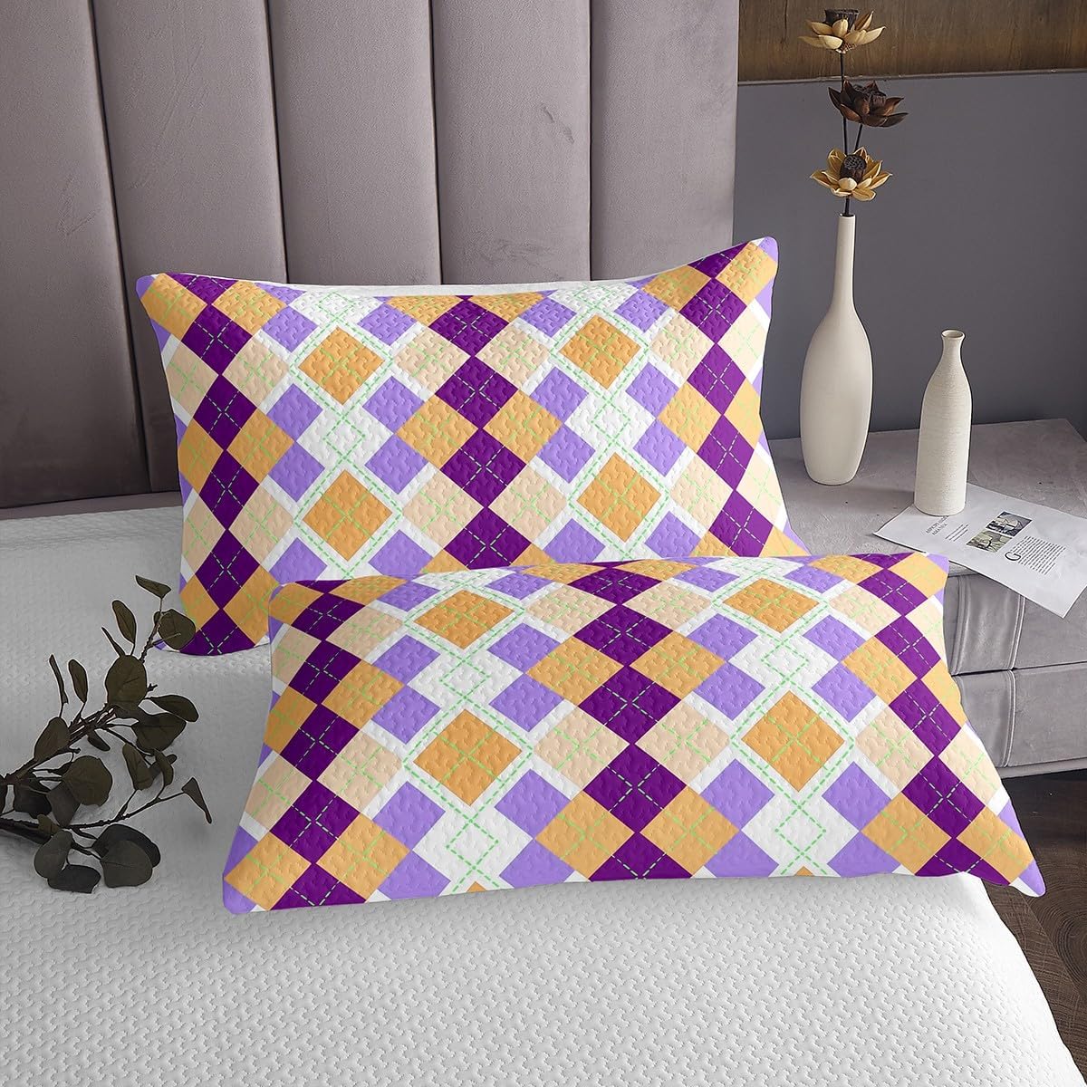 Erosebridal Geometric Diamond Coverlet Set Purple Yellow Quilts for Kids Adults Colorful Green Striped Bed Sets Modern Aesthetics Bedspread Set Queen with 2 Pillowcases