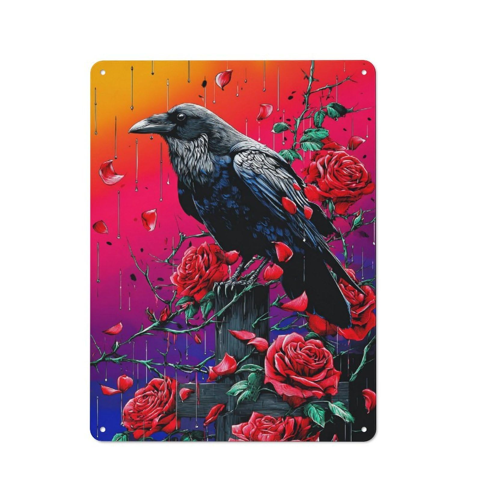 Junmoney Raven And Roses A Gothic Symphony Tin Wall Plaque 40X30cm With For Man Cave Or Games Room, For Garage, Workshop And Man Cave Decoration