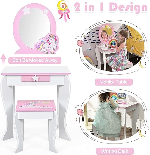 Miniatura 17 de KOTEK Tocador para niños con espejo y taburete, juego de tocador de madera de princesa 2 en 1 con parte superior desmontable y cajón de