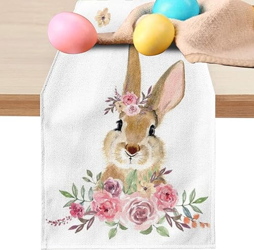 Miniatura 7 de Jbralid Camino de mesa de lino de conejo a cuadros de Pascua con orejas de conejo flores de primavera vacaciones para decoración del hogar cocina
