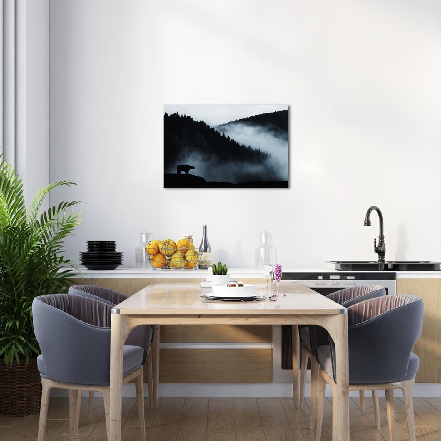 Canvbay Misty Mountain Forest Landscape Wall Art Decor Wilderness Animal Bear Canvas Prints Foggy Nature Scenery Pictures Paintings Framed for Living Room Bedroom Home Decoration 16x24inch