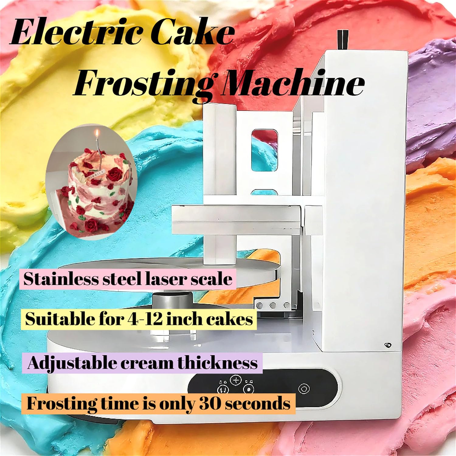 Machine à Glacer les Gâteaux 4-12 pouces, Machine à Étaler Crème Gâteau Automatique Machine à Lisser Crème à Faible Bruit, Plateau Tournant avec Grattoir Réglable, Lisseur pour Pâtisserie, Blanc