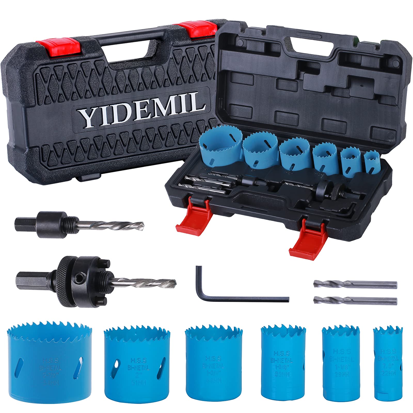 Bi-Metal Hole Saw Kit YIDEMIL 14pcs General Purpose 7/8' to 2-1/2' Set with Case 2 Mandrels 4 Drill Bits 1 Hex Key Ideal for Soft Metal Wood PVC Board