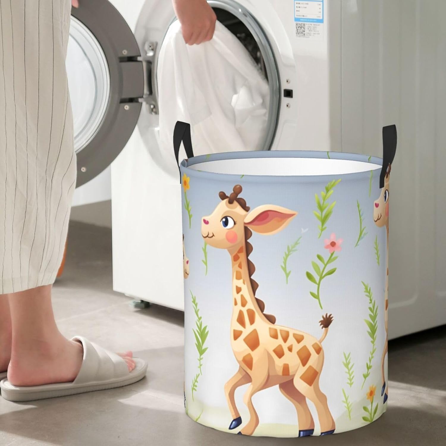 Cute giraffe print Laundry Basket Circular Hamper Waterproof Bathroom Hamper Storage Bin Organizer Basket Laundry Hamper with Handles for Clothes Toys Small