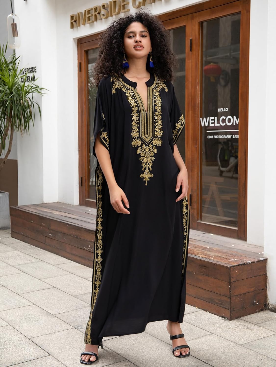 Kaftan Dresses for Women Embroidered Short Sleeve V-neck Plus Size Caftan Bikini Swimsuit Cover-Up Long Beach Dress - Image 2