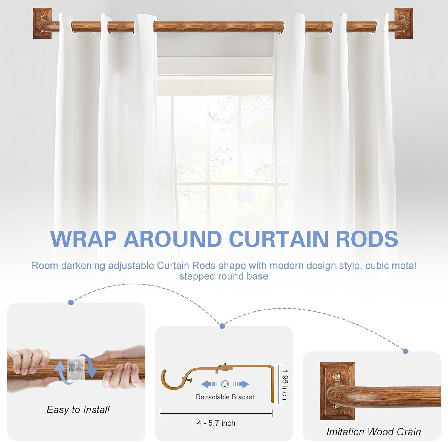 TANGWIN Boho Wrap Around Curtain Rods for Windows 28 to 48 Inch:Heavy Duty Blackout Curtain Rod Room Darkening,1"Wood Wraparound Curtains Rod Curved Black Out Adjustable for Bedroom Kitchen（All Matel）