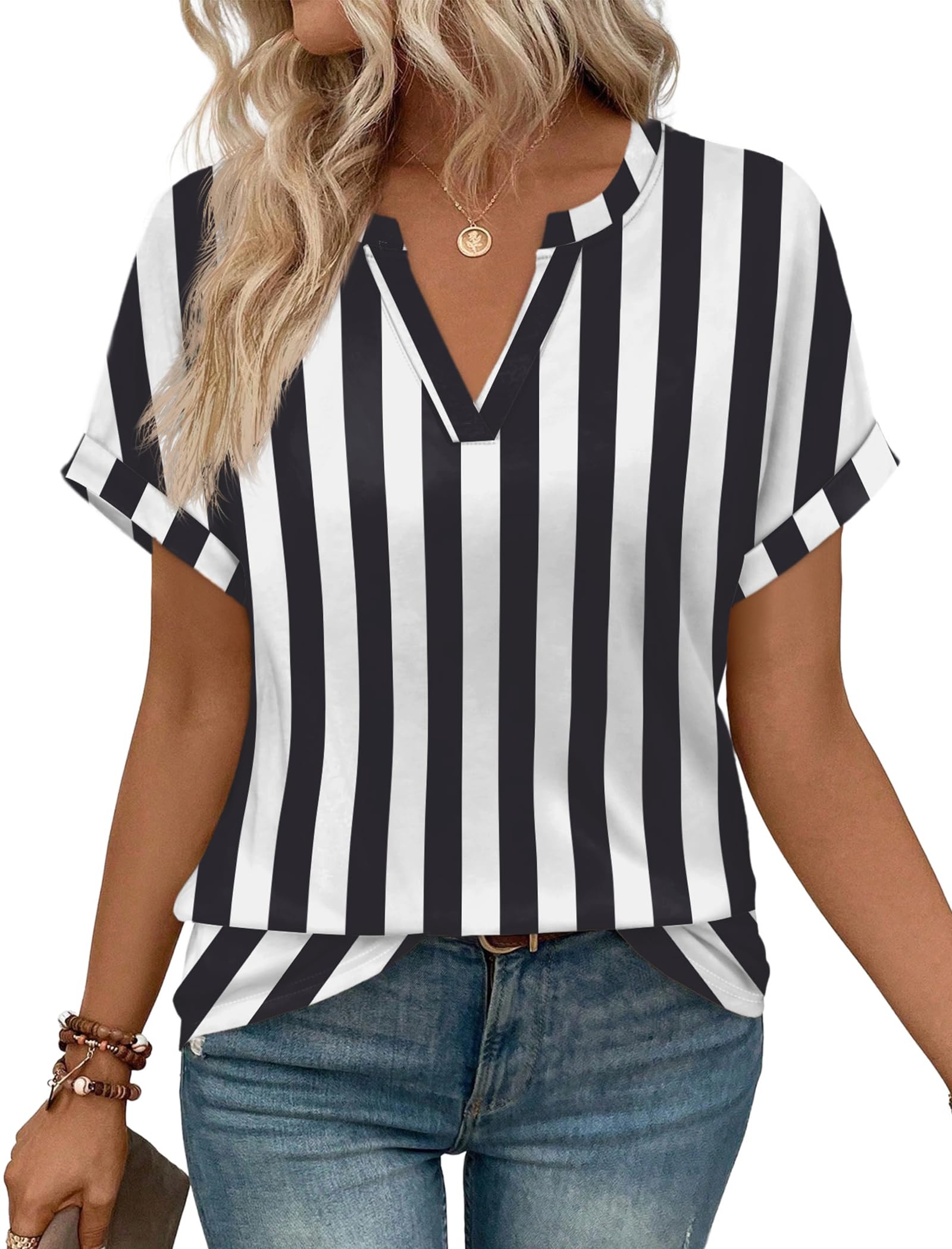 Photo 1 of ***RUNS SMALL**** WIHOLL Plus Size Spring Clothes for Women 2026 Blouses Dressy Casual Summer Tops Short Sleeve Tshirt Shirts 2XL Black White Stripe