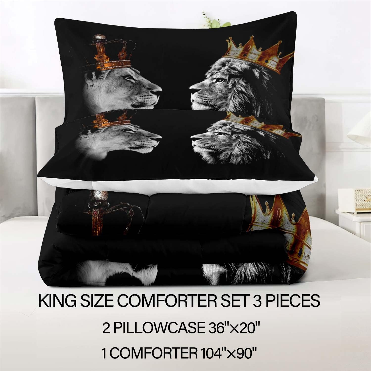 LUVIVIHOME 3PCS Lion King & Queen Comforter Set, King Size, Gold Crown African Safari Animal Lion Couple Bedding Quilt Black Bedroom Decor for Couples, Romantic Gifts for Him Boyfriend, 2 Pillow Shams