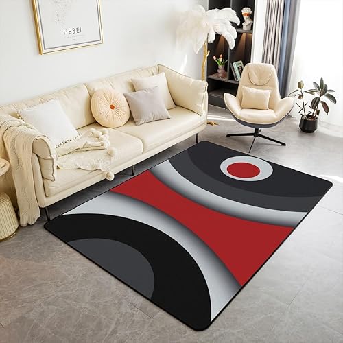 jejeloiu Alfombra de Área Abstracta Moderna 5x7 pies, Rayas Rojas, Gris, Negro y Blanco, Alfombras para Sala de Estar, Dormitorio, Acrílico, Gris