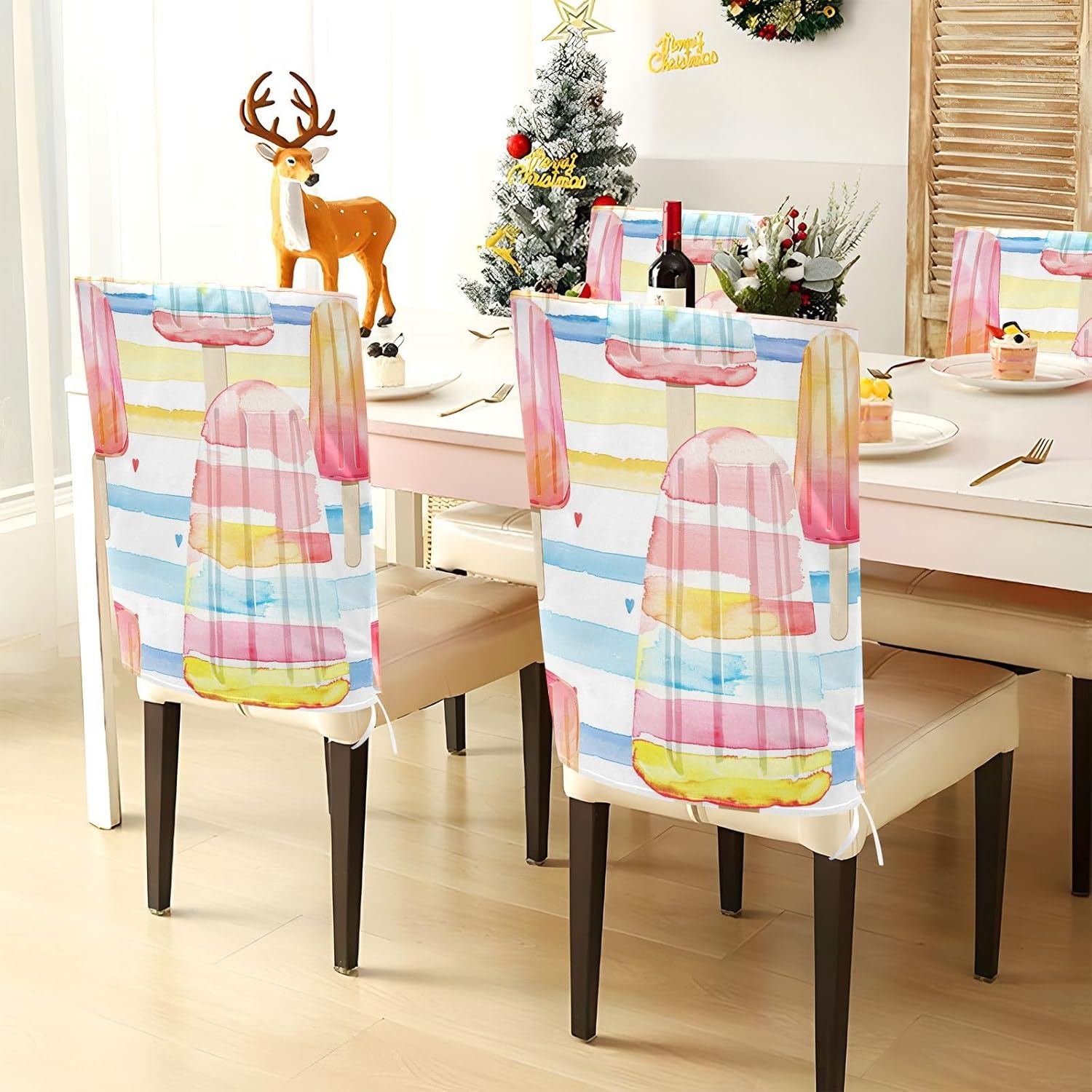 ALAZA Cute Ice Cream Colourful Summer Striped Chair Back Cover Set of 6, Washable Reusable Removable Chair Slipcovers Decorative Chair Cover for Home Kitchen Wedding Party