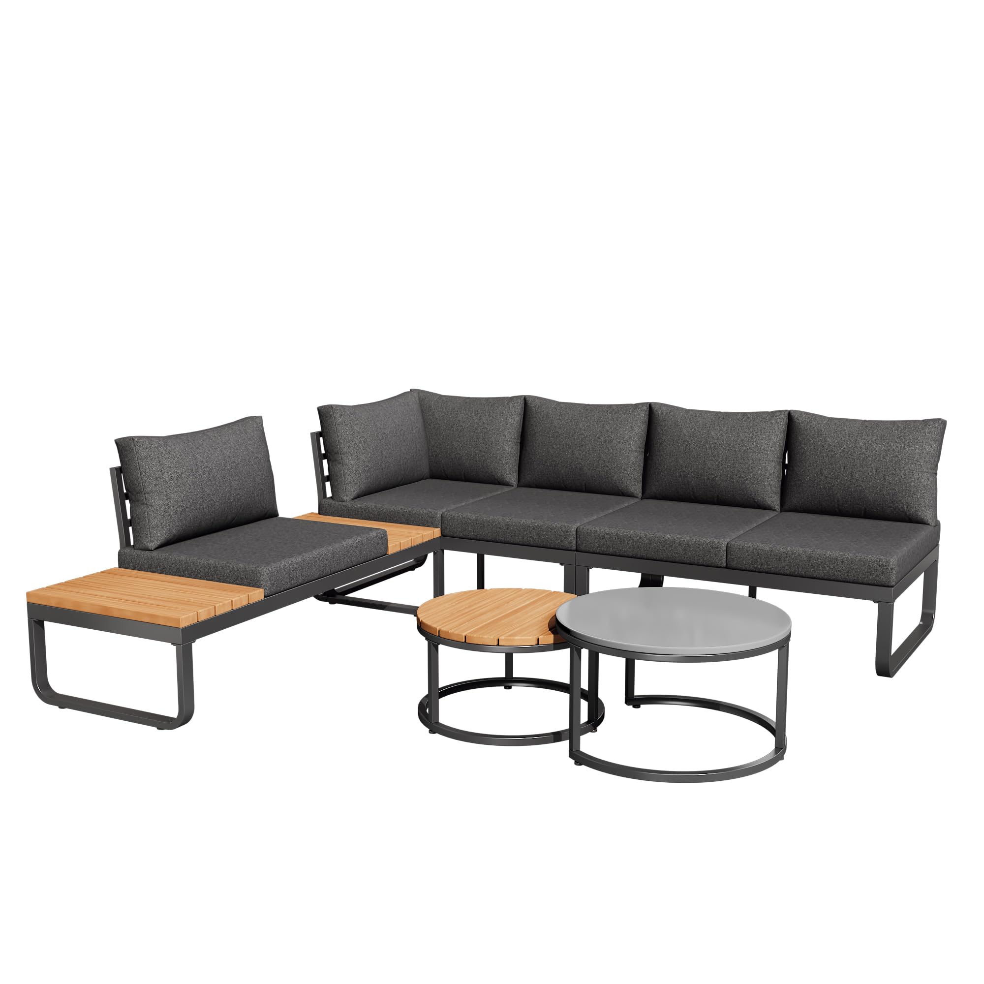 Muebles Jardin Exterior de 5 Piezas con 2 Mesas y Cojín Suave, Sofa Terraza Exterior para 4-5 Personas, Conjunto Jardin Exterior con Patas Ajustables y Mesita Auxiliar, Estructura Metal, Gris
