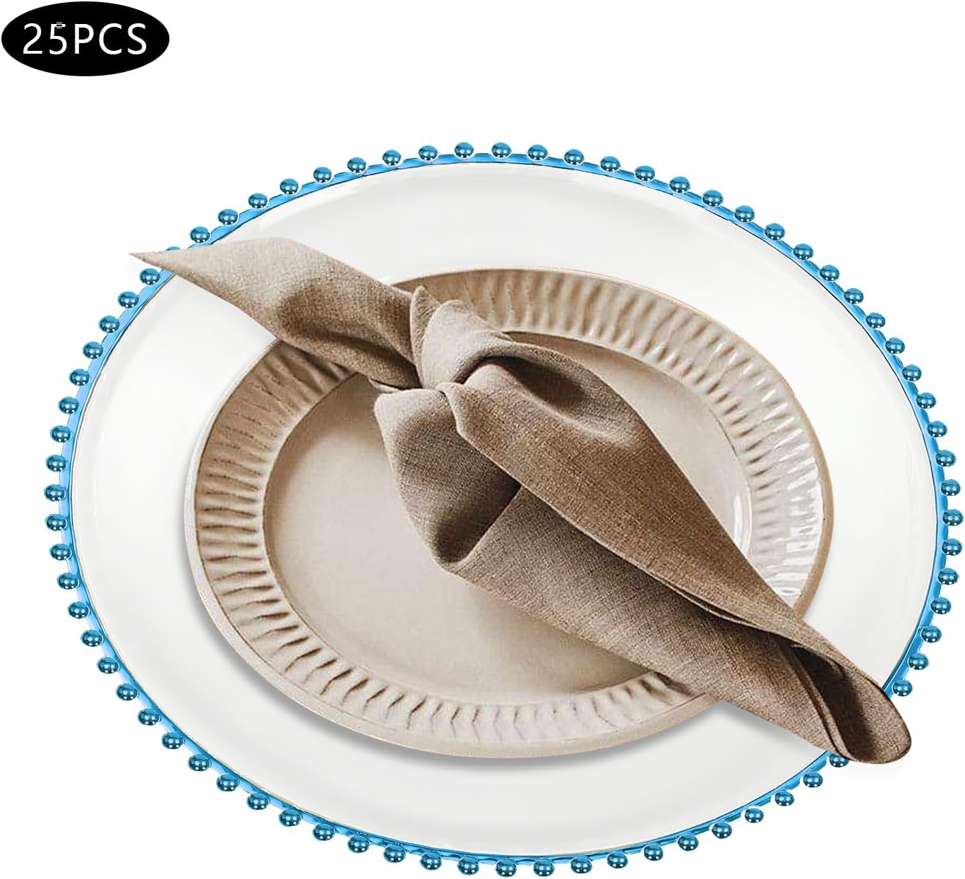 25Pcs Clear Plastic Dinner Plates, 12.6 Inch Disposable Plastic with Beads for Christmas Banquets Wedding Party (Clear, Blue, Round)