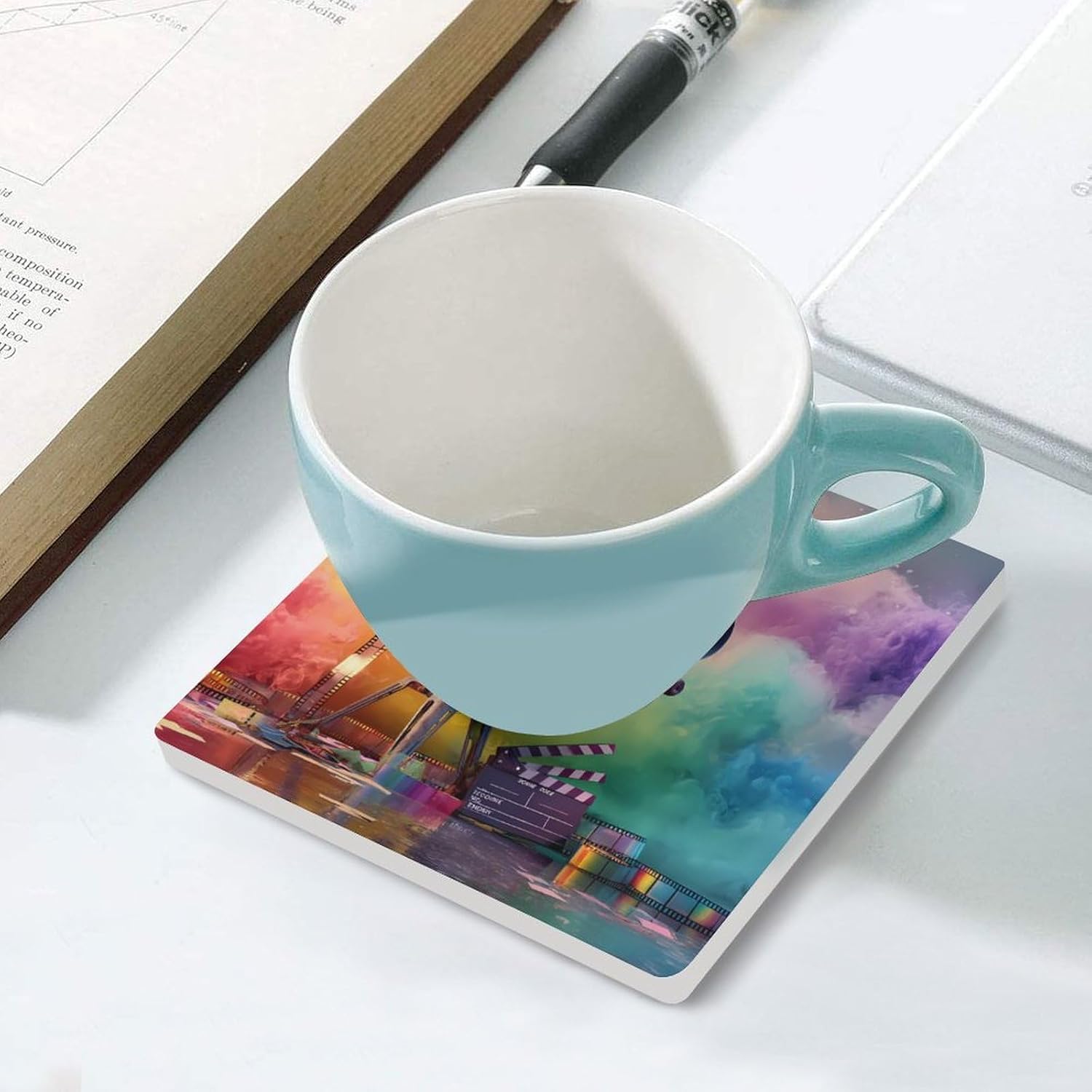 Movie Projector Film Chalkboard Coaster for Drinks Square Ceramic Table Coasters Stone Mat Crafts 4PCS Home Kitchen Decor