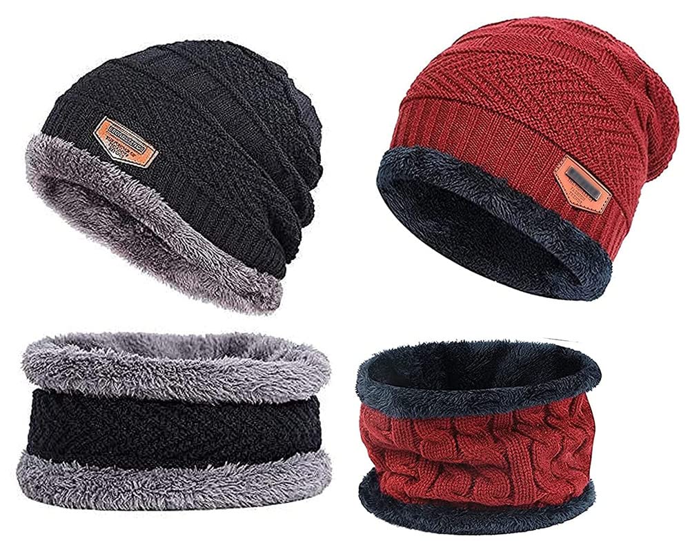 veteran Unisex Fur, Wool Cap With Neck Muffler/Scarf (2 Pairs) (Cap with Neck Warmer-17_ Black Red_Free Size)-picture-31