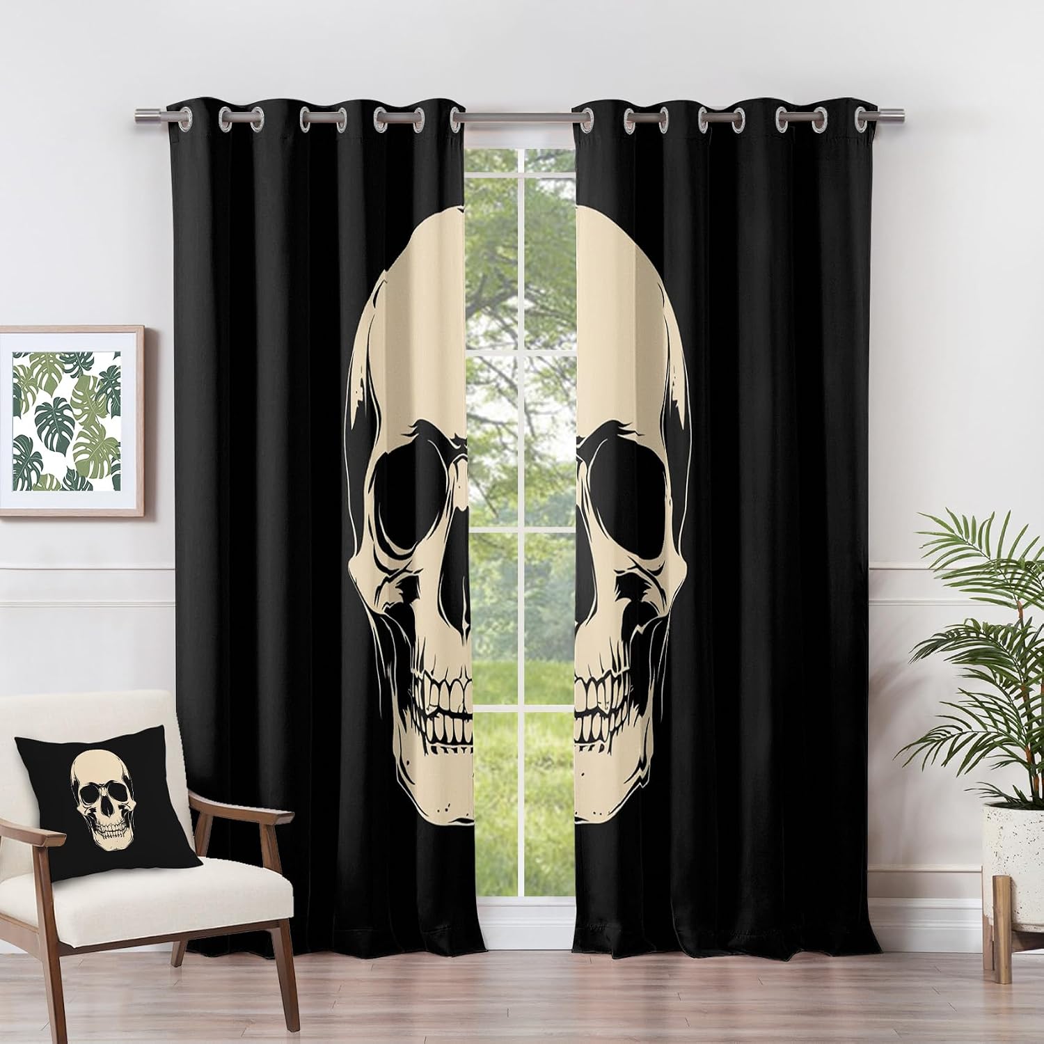 Skull Curtains 63 Inch Length - Skeleton Gothic Black and Beige Patterned Blackout Curtains for Living Room Bedroom, Room Darkening Grommet Drapes Window Treatments, 2 Panel Set