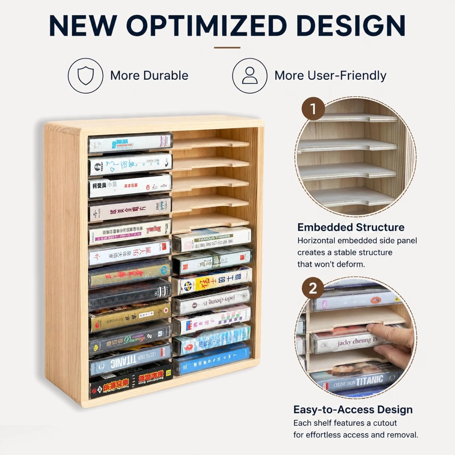 24 slots Cassette Tape Storage Rack Wood Holder, Wall Mount/Freestanding Audio Cassette Organizer for Tapes & Playing Card Storage