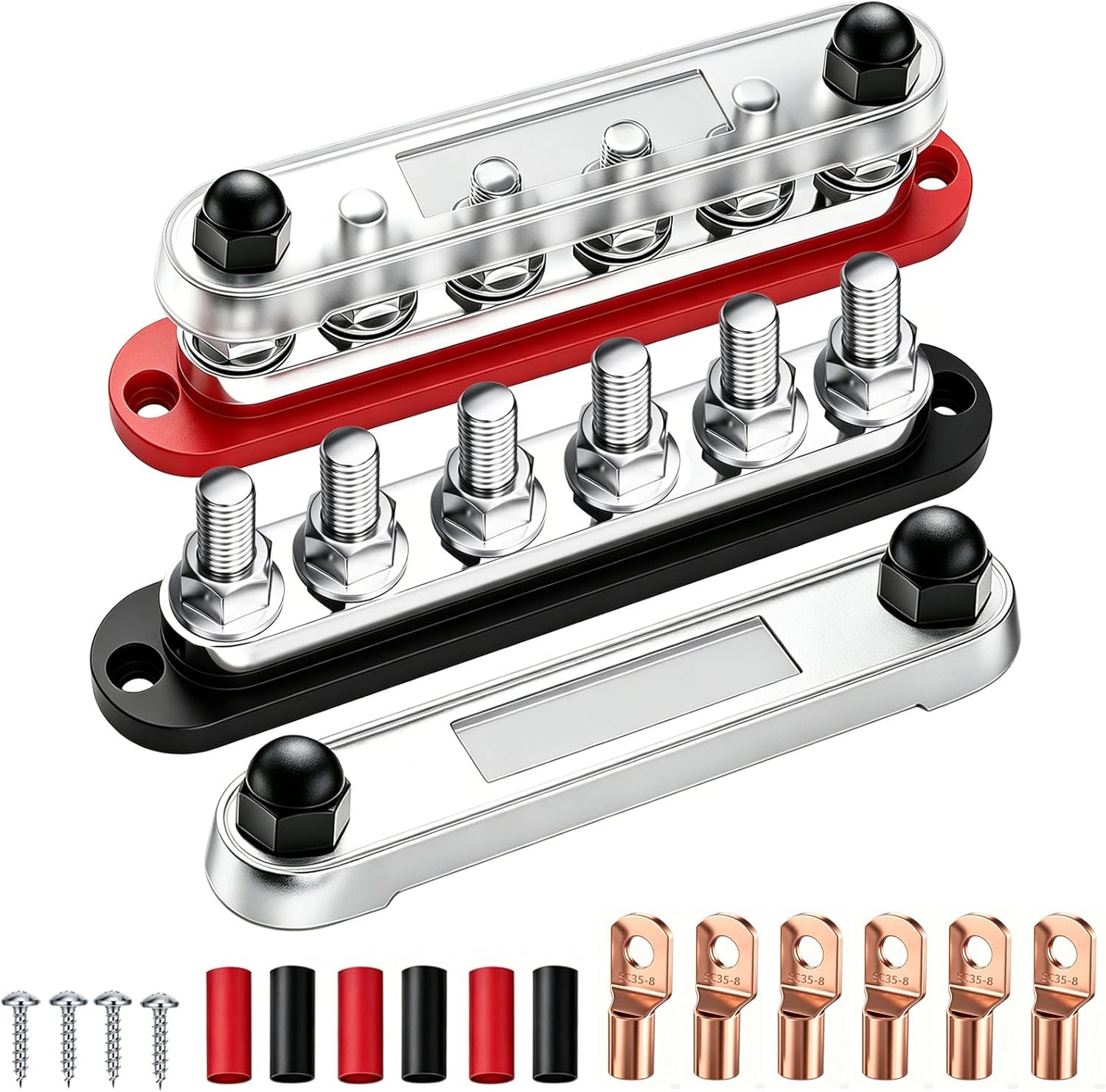 400A 12V Bus Bar Marine Power Distribution Block with Cover with 4 x 3/8”Post 3 x #8 Screws Terminals,Battery Bus Bar (Pair, Red & Black),Automotive Busbars 12 Volt for Car Boat Solar Wiring