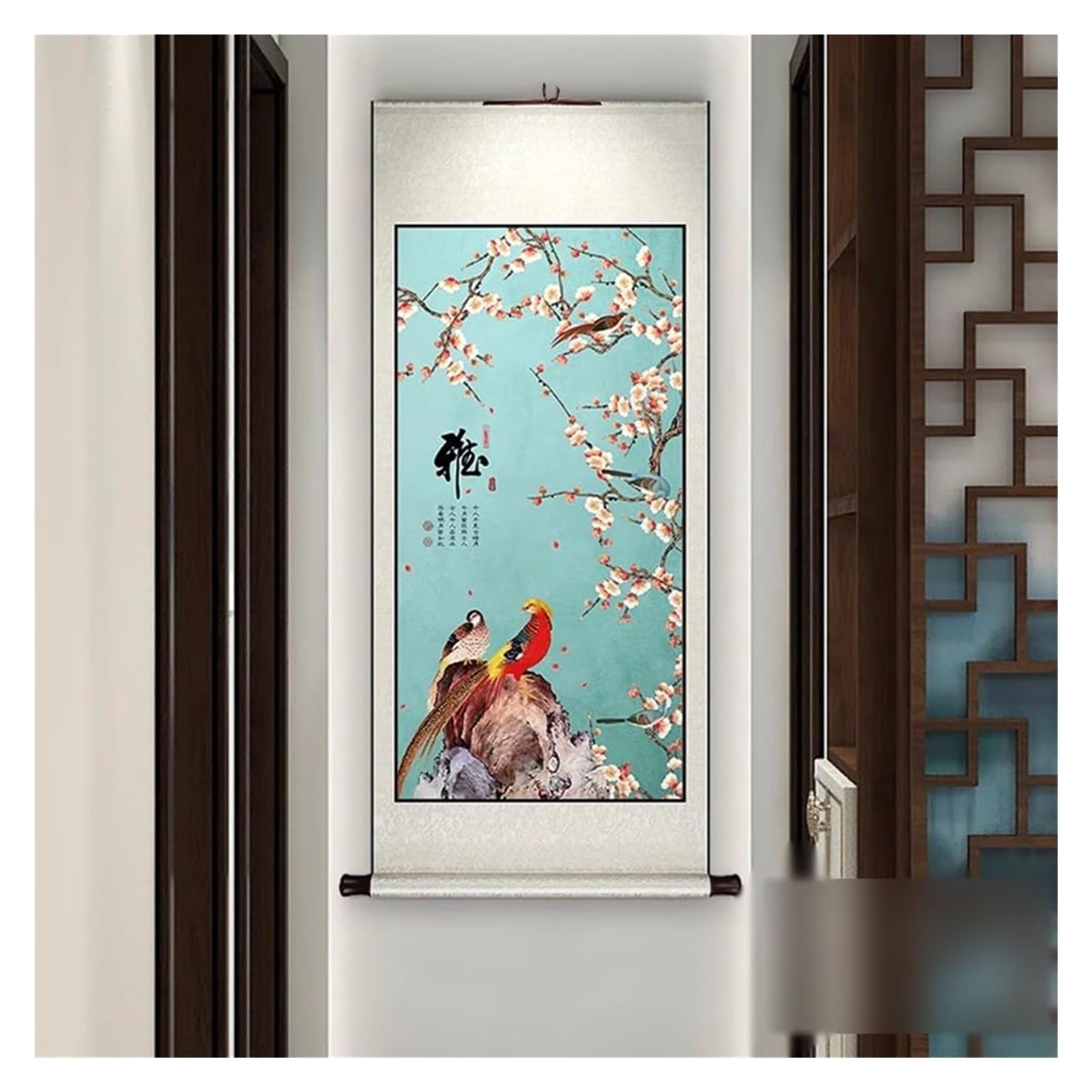 Radosny ptak, kwiatowy zwój, ręcznie wykonany chiński wieszak ścienny, dekoracja feng shui do przedpokoju, kreatywna kolekcja prezentów(Creamy white A,59L x 148W cm)